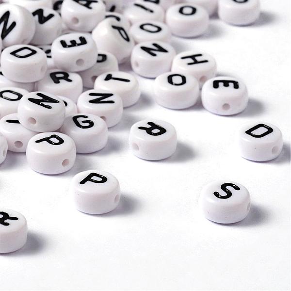 

PandaHall Mixed Letters White Acrylic Horizontal Hole Letter Beads, Flat Round, 7x4mm, Hole: 1mm, about 380pcs/50g Acrylic Flat Round White