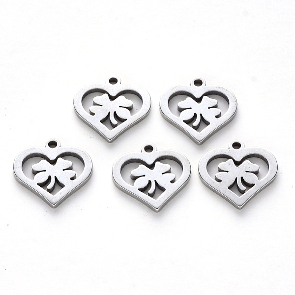 PandaHall 201 Stainless Steel Charms, Laser Cut, Heart Ring with Clover, Stainless Steel Color, 13.5x14.5x1mm, Hole: 1.2mm 201 Stainless...