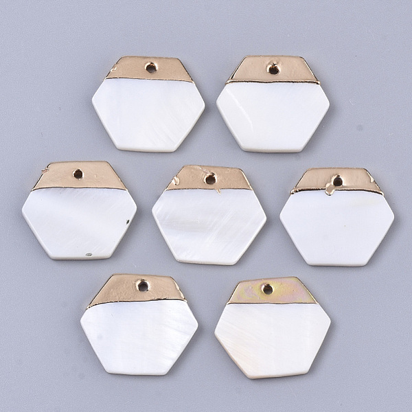 

PandaHall Natural Freshwater Shell Pendants, with Top Golden Plated Brass Findings, Hexagon, Seashell Color, 18x20x2.5mm, Hole: 1.2mm...