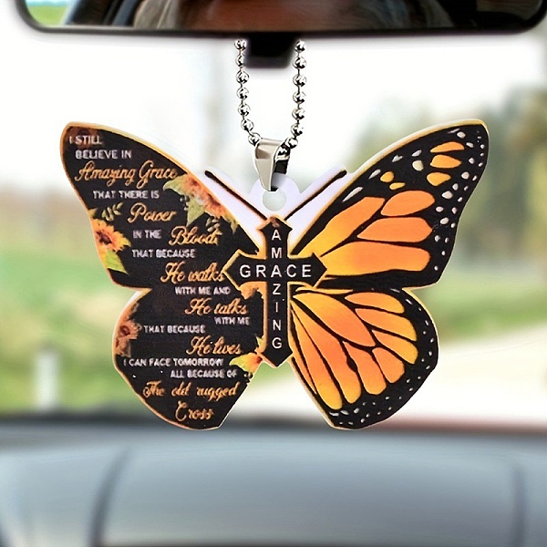 PandaHall Colorful Butterfly Faith Jesus Cross Acrylic Pendant Decoration, for Car Rear View Mirror Hanging Ornament, Butterfly, 286mm...