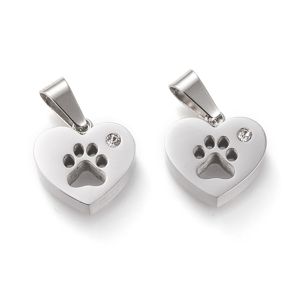 

PandaHall 304 Stainless Steel Charms, Cut-Out, with Rhinestone, Manual Polishing, Heart with Hollow Dog Footprint, Stainless Steel Color..., Clear
