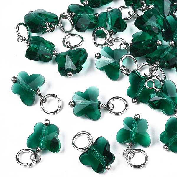 

PandaHall Faceted Transparent Glass Charms, with Iron Jump Ring, Butterfly, Teal, 13~14x9.8x6mm, Hole: 4mm Iron+Glass Butterfly Cyan