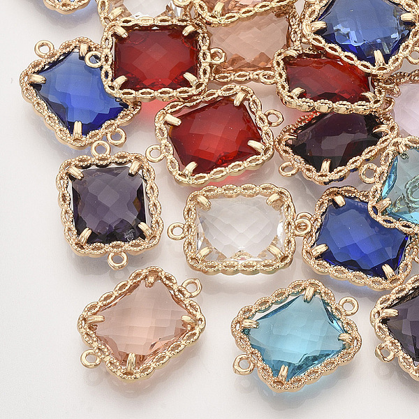 

PandaHall Faceted Glass Links connectors, with Golden Tone Brass Open Back Settings, Rectangle, Mixed Color, 20.5x13x4.5mm, Hole: 1.2mm..., Multicolor