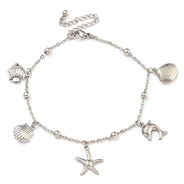 Tarnish Resistant Summer Beach 304 Stainless Steel Cable Chains Shell & Starfish Charm Bracelets
