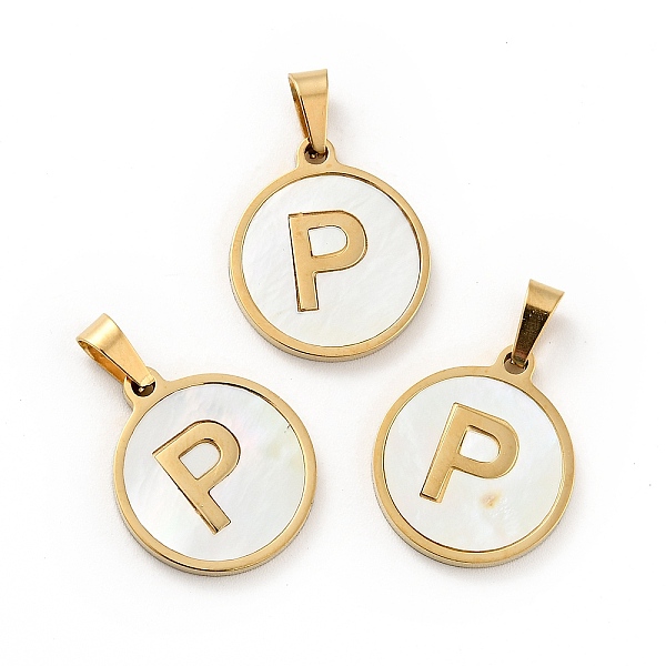 

PandaHall Vacuum Plating 304 Stainless Steel with White Shell Pendants, Golden, Flat Round with Letter Charm, Letter.P, 18x16x1.5mm, Hole...