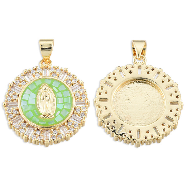 

PandaHall Brass Micro Pave Clear Cubic Zirconia Pendants, with Enamel and Shell, Real 18K Gold Plated, Nickel Free, Flat Round with Virgin...