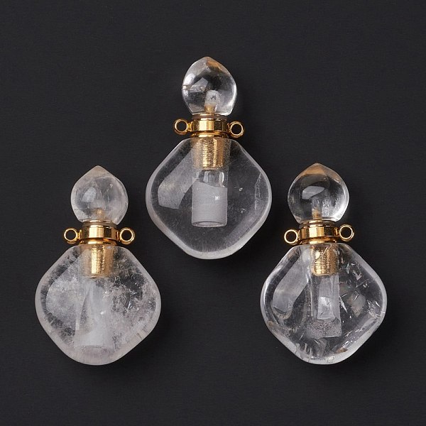 PandaHall Natural Quartz Crystal Perfume Bottle Pendants, with Golden Brass Findings, Rhombus, 35mm, Hole: 1.6mm Quartz Crystal Rhombus