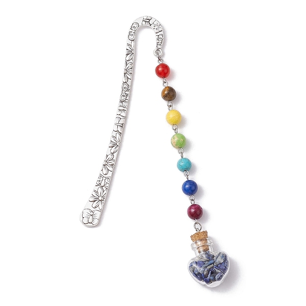 

PandaHall 7 Chakra Gemstone Bead & Natural Lapis Lazuli Glass Heart Wishing Bottle Pendant Bookmarks, Alloy Hook Bookmarks, 153mm Lapis...