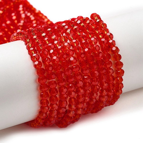 

PandaHall Transparent Glass Beads, Faceted(32 Facets), Round, Red, 3~3.5mm, Hole: 0.6mm, about 163~166pcs/strand, 50~51cm Glass Round Red