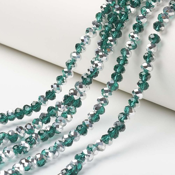 

PandaHall Electroplate Transparent Glass Beads Strands, Half Silver Plated, Faceted, Rondelle, Teal, 8x6mm, Hole: 1mm, about 72pcs/strand..., Cyan