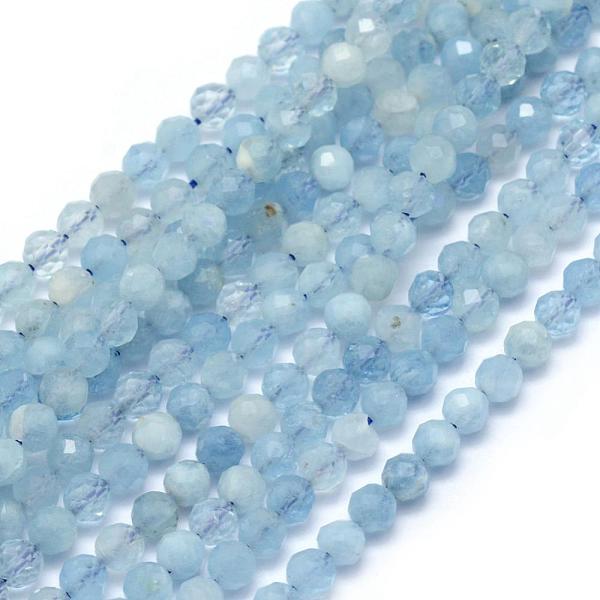 

PandaHall Natural Aquamarine Beads Strands, Round, Faceted, 3mm, Hole: 0.5mm, about 113pcs/strand, 15.35 inch(39cm) Aquamarine Round Green