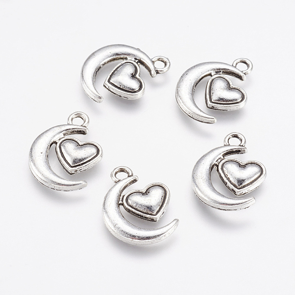

PandaHall Alloy Pendants, Moon and Heart, Antique Silver, 17x13x2mm, Hole: 2mm Alloy Moon