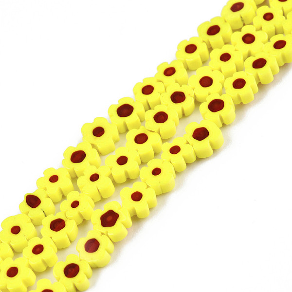 

PandaHall Handmade Millefiori Glass Bead Strands, Plum Bossom, Yellow, 6~7x6~8x2.5~3mm, Hole: 1mm, about 63~65pcs/strand, 15.55 inch~15.94...
