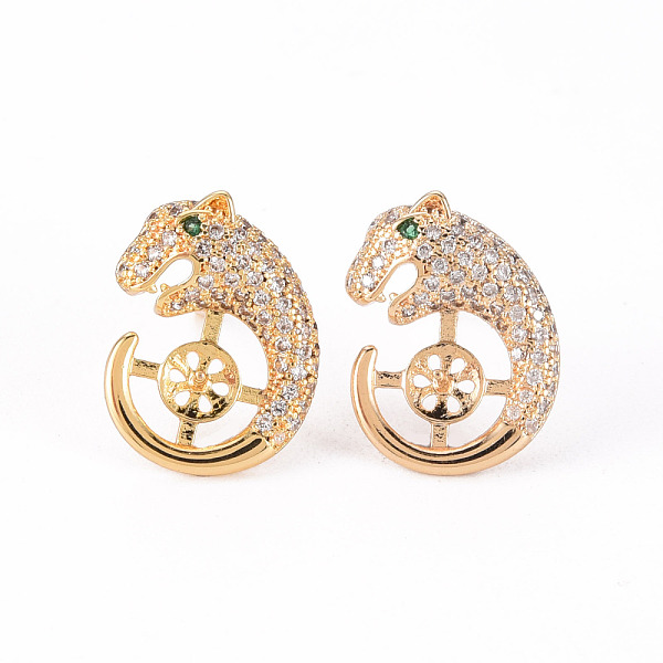 

PandaHall Brass Micro Pave Clear Cubic Zirconia Stud Earrings Findings, for Half Drilled Bead, Nickel Free, Leopard Shape, Real 18K Gold...