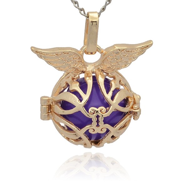 

PandaHall Golden Tone Brass Cage Pendants, Hollow Round with Wing, with No Hole Spray Painted Brass Round Ball Beads, Medium Purple...