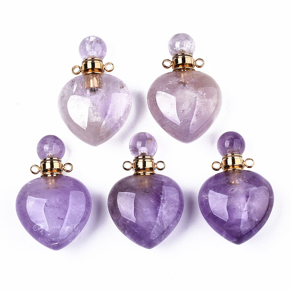 PandaHall Natural Amethyst Pendants, Openable Perfume Bottle, with Golden Tone Brass Findings, Heart, 33~34.5x22.5x12.5~13.5mm, Hole: 1.8mm...