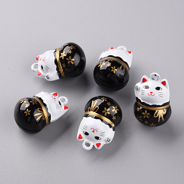 

PandaHall Baking Painted Brass Bell Pendants, Maneki Neko/Beckoning Cat, Black, 26.5x17x16mm, Hole: 2mm Brass Cat Shape Black