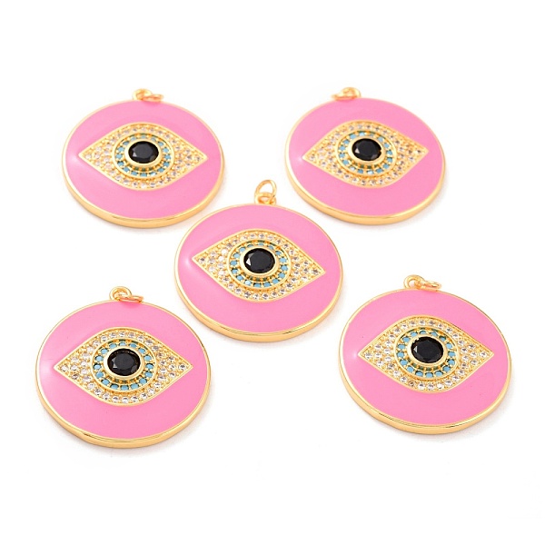 

PandaHall Real 18K Gold Plated Brass Micro Pave Cubic Zirconia Pendants, with Jump Ring and Enamel, Long-Lasting Plated, Flat Round with..., Pink