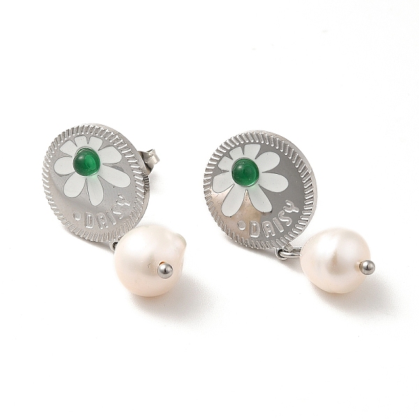 

PandaHall Daisy with Natural Pearl Dangle Stud Earrings, 304 Stainless Steel Drop Earrings for Women, Stainless Steel Color, 28mm, Pin...