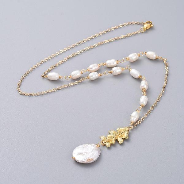 

PandaHall Natural Baroque Pearl Keshi Pearl Pendant Necklaces, with Natural Pearl Beads, Brass Flower Links, Brass Cable Chains, 304...