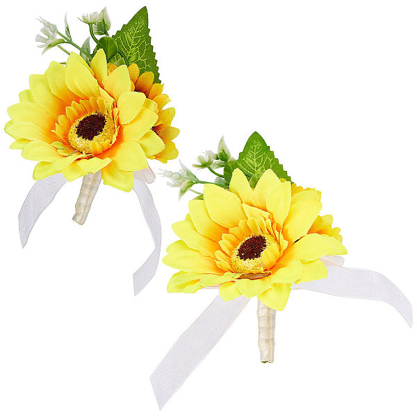 

PandaHall CRASPIRE Sunflower Corsage Wedding Flowers Accessories Pack of 2 Artificial Flower Yellow Groom Groomsman Best Man Wedding Flowers..., Orange