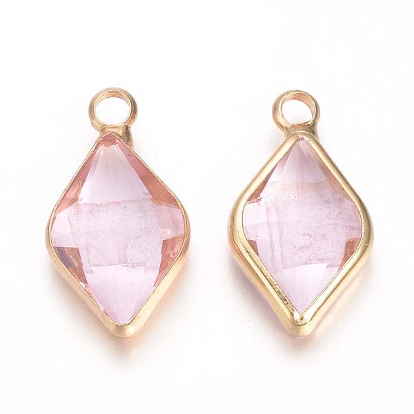 

PandaHall Glass Pendants, with Brass Findings, Faceted, Rhombus, Nickel Free, Raw(Unplated), Pearl Pink, 18x10x4.5mm, Hole: 2mm Brass+Glass...