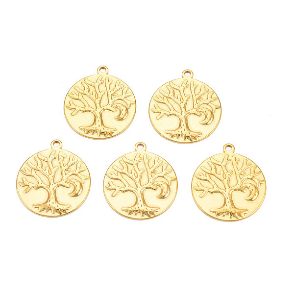 

PandaHall Ion Plating(IP) 201 Stainless Steel Pendants, Flat Round with Tree, Nickel Free, Real 18K Gold Plated, 29x25.5x2mm, Hole: 2mm 201...