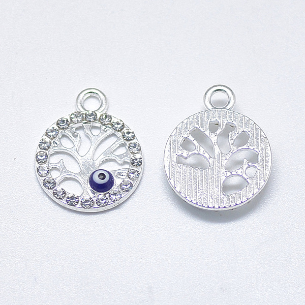 

PandaHall Alloy Pendants, with Crystal Rhinestone and Blue Enamel, Flat Round with Tree of Life and Evil Eye, Silver Color Plated...