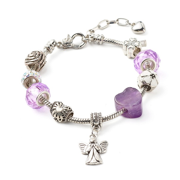 

PandaHall Heart Angel Clover Flowers European Bracelet for Teen Girl Women, Natural Amethyst & Glass & Alloy Beads Bracelet, 8-1/8 inch...