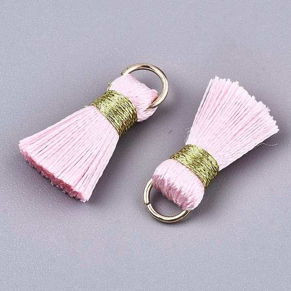 

PandaHall Handmade Polycotton(Polyester Cotton) Tassel Decorations, Pendant Decorations, with Golden Iron Loops, Pearl Pink, 17~21x10x5mm...
