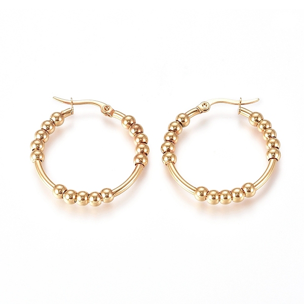 

PandaHall 304 Stainless Steel Hoop Earrings, Beaded Hoop Earrings, Hypoallergenic Earrings, with Round Beads, Ring, Golden, 31.8x31x4mm, Pin...