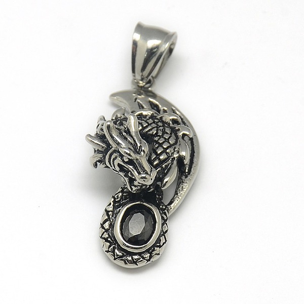 

PandaHall Fashionable Retro 304 Stainless Steel Steel Rhinestone Dragon Pendants, Antique Silver, Jet, 36x17x10mm, Hole: 5x7mm 304 Stainless..., Black