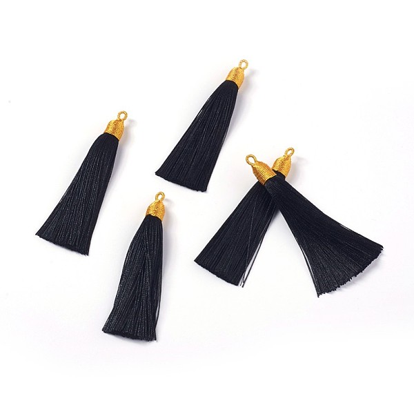 

PandaHall Nylon Tassel Big Pendants, with Iron Findings, Golden, Black, 86x9.5mm, Hole: 3x5mm Nylon Black