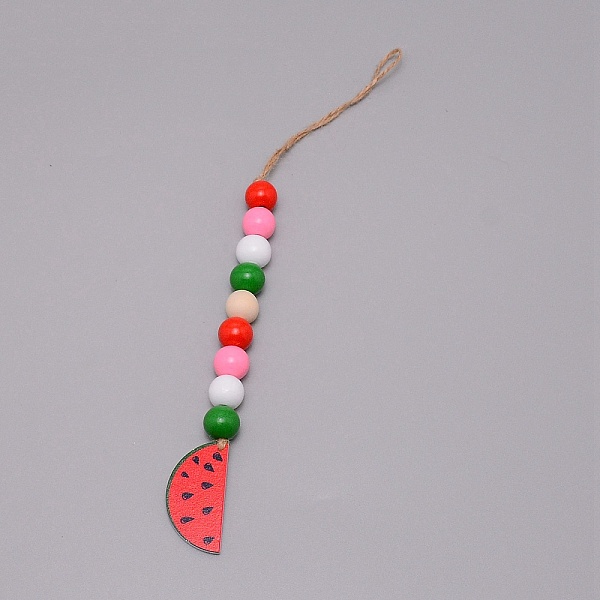 

PandaHall Wooden Watermelon Pendant Decorations, with Wooden Beads & Hemp Rope, Colorful, 295mm Wood Fruit