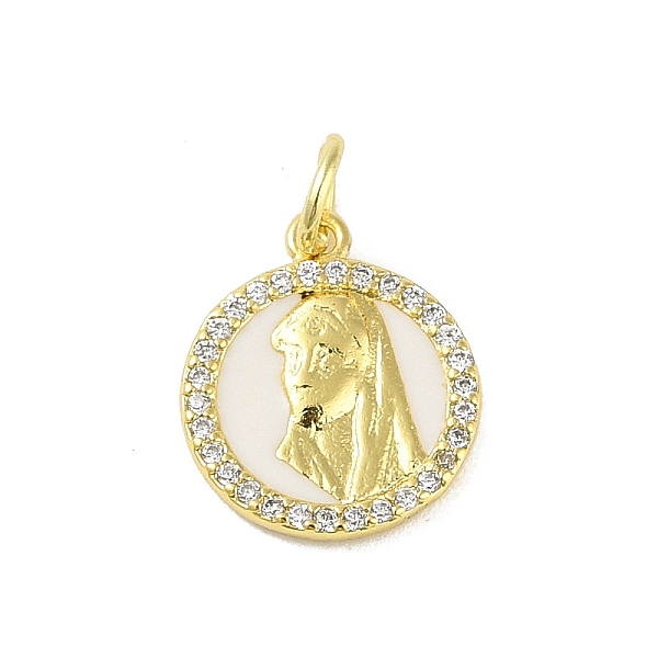 

PandaHall Brass Micro Pave Clear Cubic Zirconia Pendants, with Jump Ring and Enamel, Real 18K Gold Plated, Flat Round, 14x12x1.8mm, Hole...