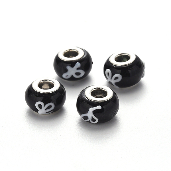

PandaHall Handmade Lampwork European Beads, Large Hole Rondelle Beads, Bumpy Lampwork, with Platinum Tone Brass Double Cores, Black...