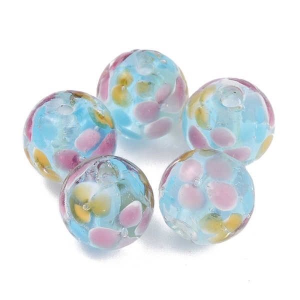 

PandaHall Round Lampwork Beads, Plum Flower Petal Pattern, with Hole, Aqua, 12mm, Hole: 1.8mm Lampwork Round Cyan