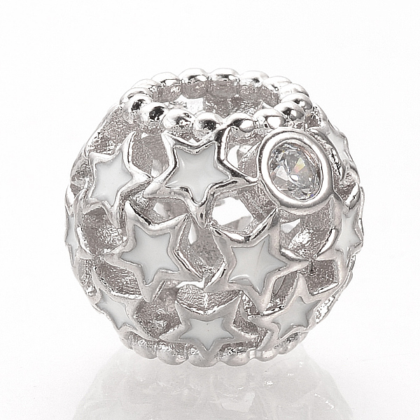 

PandaHall Brass Micro Pave Cubic Zirconia European Beads, with Enamel, Large Hole Beads, Rondelle with Star, Platinum, White, 10x11.5mm...