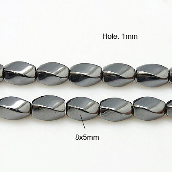 

PandaHall Non-magnetic Synthetic Hematite Beads Strands, Twist Oval, 8x5mm, Hole: 1mm, about 51pcs/strand, 15.7 inch Non-magnetic Hematite..., Black
