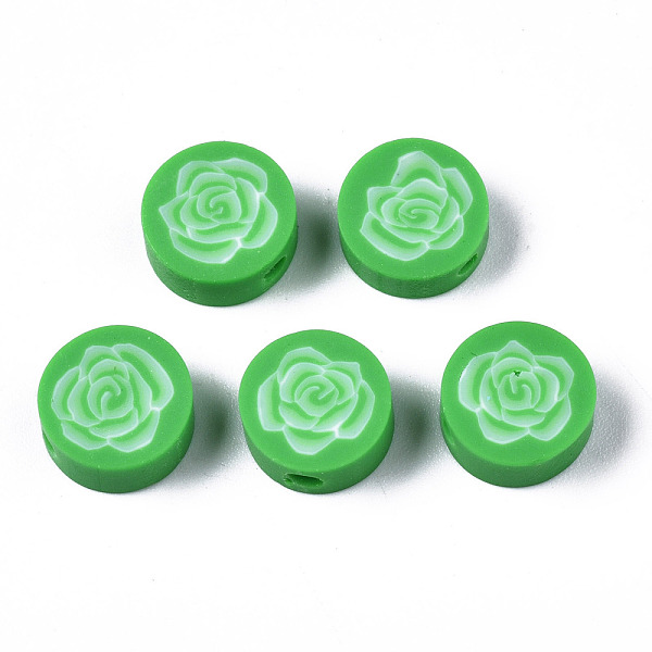 PandaHall Handmade Polymer Clay Beads, for DIY Jewelry Crafts Supplies, Flat Round with Flower, Medium Spring Green, 9.5x3.5~5mm, Hole...