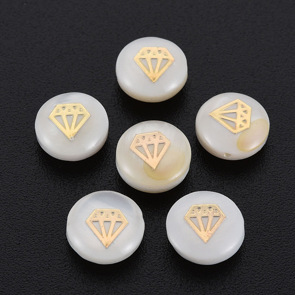 

PandaHall Natural Freshwater Shell Beads, with Golden Plated Brass Metal Embellishments, Flat Round with Diamond, Seashell Color, 8x3.5mm...