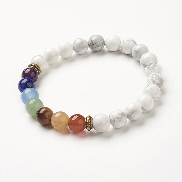 

PandaHall Yoga Chakra Jewelry, Natural Howlite Beads Stretch Bracelets, 2-1/8~2-3/8 inch(55~60mm) Howlite