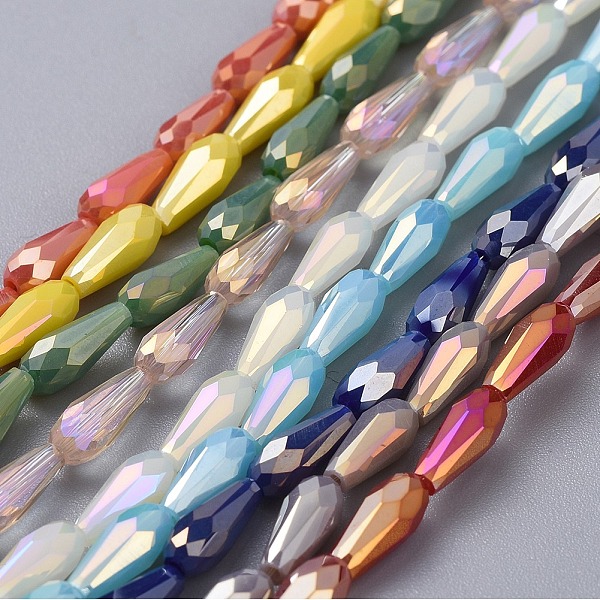 

PandaHall Electroplated Glass Beads Strands, Full Rainbow Plated, Faceted, Teardrop, Mixed Color, 9~10x4mm, Hole: 0.8mm, about..., Multicolor