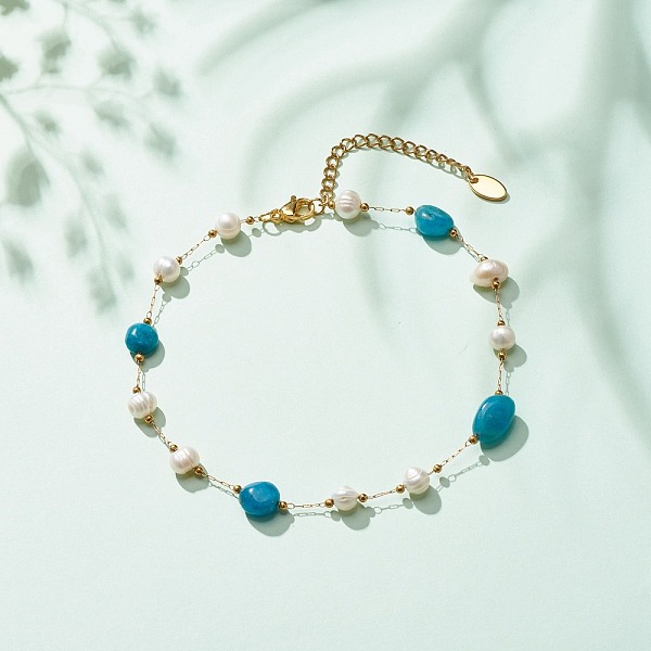 

PandaHall Natural Apatite & Pearl Beaded Anklet, Gold Plated Stainless Steel Jewelry for Women, 9.65~9.92 inch(245~252mm) Apatite