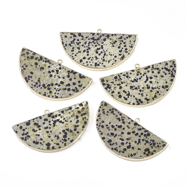 

PandaHall Electroplate Natural Dalmatian Jasper Semi Circle Pendants, with Iron Findings, Half Round, Golden, 34~35x60.5x4~5.5mm, Hole...