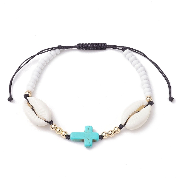 

PandaHall Corss Synthetic Turquoise & Natural Cowrie Shell Braided Bead Bracelets, Summer Glass Seed Adjustable Bracelets for Women, Black...