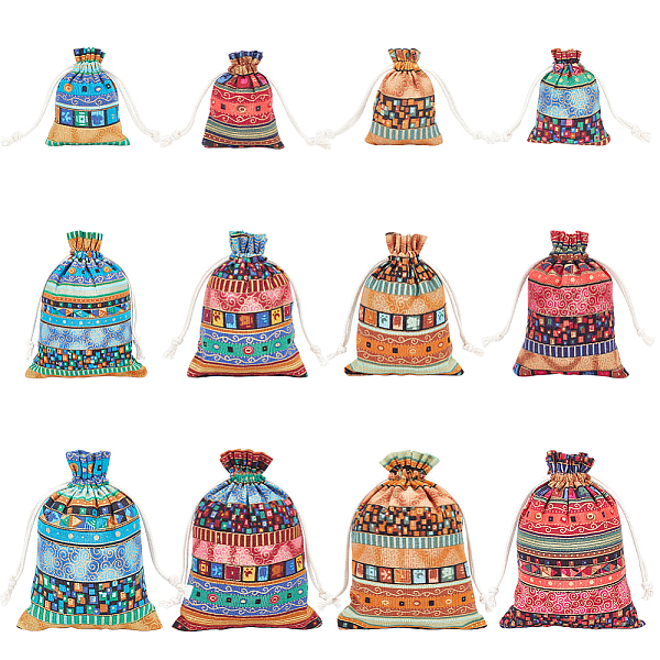 

PandaHall 12Pcs 12 Styles Bohemian Rectangle Geometric Print Linenette Drawstring Bags, Ethnic Style Pouches, Mixed Color, 9~18x7~13cm..., Multicolor