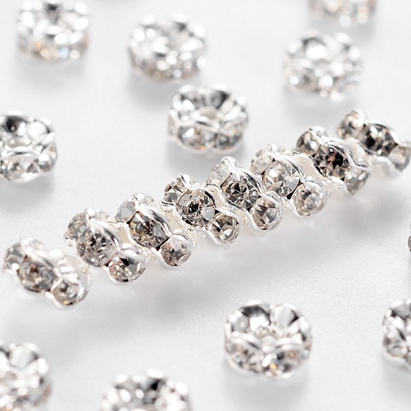 

PandaHall Brass Rhinestone Spacer Beads, Grade AAA, Wavy Edge, Nickel Free, Silver Color Plated, Rondelle, Crystal, 4x2mm, Hole: 1mm..., Clear