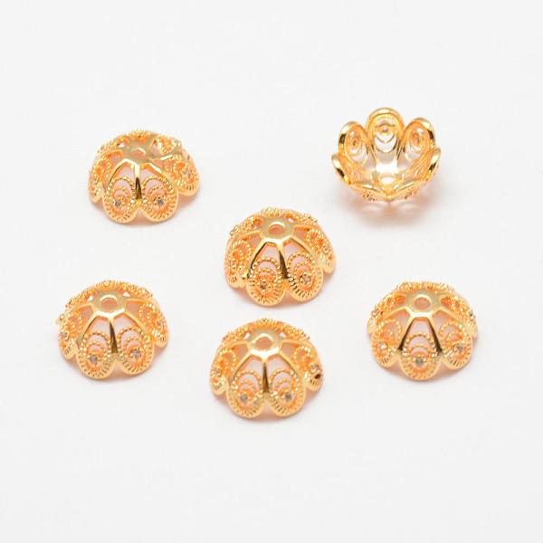 

PandaHall Multi-Petal Brass Fancy Bead Caps, Long-Lasting Plated, Real 18K Gold Plated, Flower, Golden, 12x6mm, Hole: 1.5mm Brass
