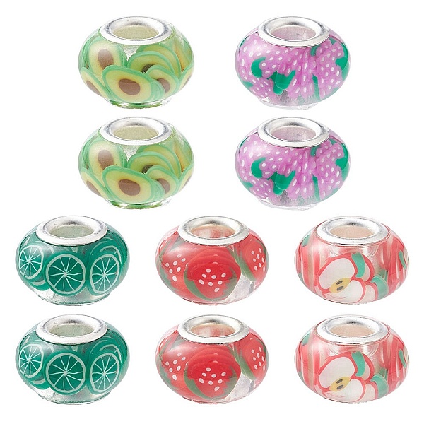 

PandaHall 10Pcs 5 Colors Transparent Resin European Rondelle Beads, Large Hole Beads, with Polymer Clay & Platinum Tone Alloy Double Cores..., Multicolor